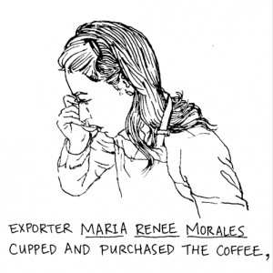 Maria Renee Morales cupping coffee for Peter Schoenfeld.