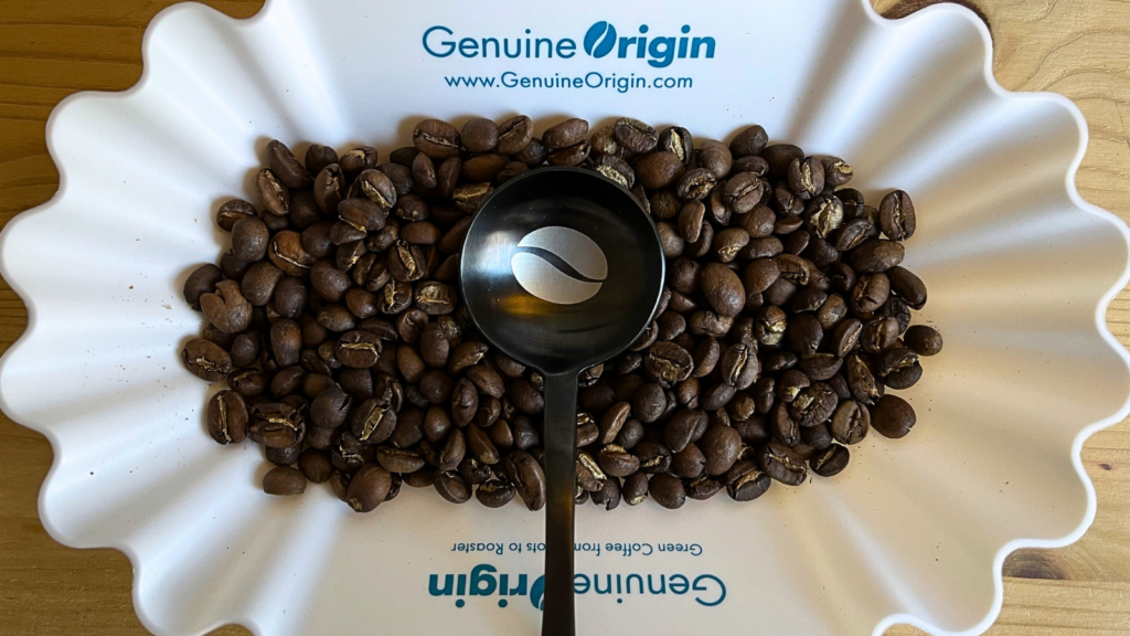 Genuine Origin cupping tray, custom Akiva cupping spoon & roasted coffee beans