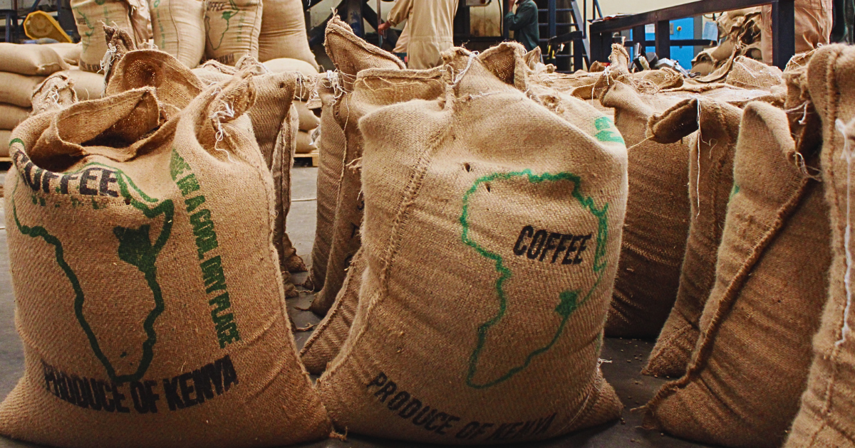 Kenyan coffee packed in jute bags with Kenya map