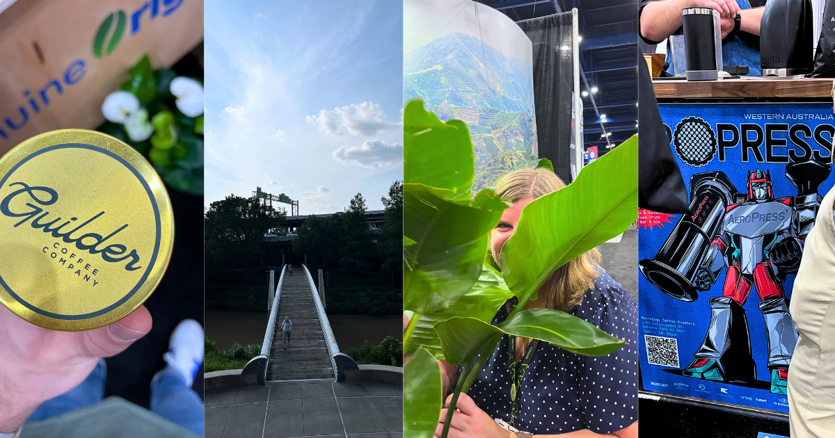 Scenes from Coffee EXPO in Houston - Genuine Origin Coffee Guilder Coffee, Buffalo Creek foot bridge, Cyndi hiding at EXPO, art at the Aeropress booth