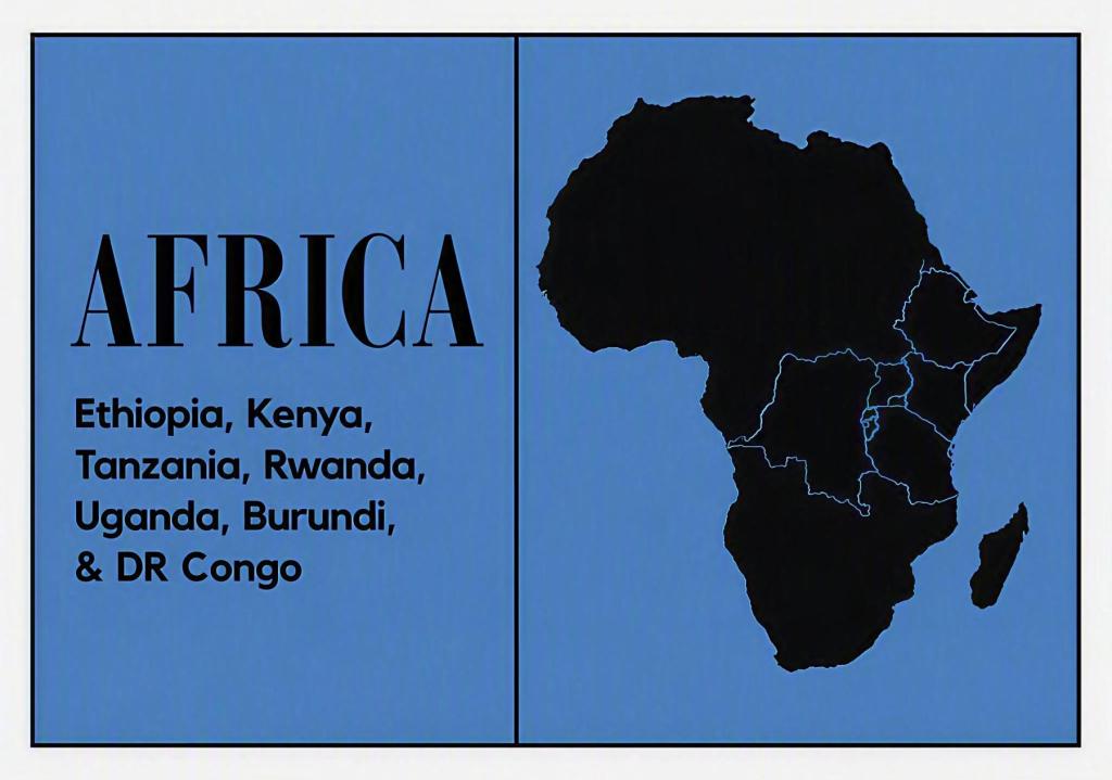 Two-panel blue poster; left panel shows the word AFRICA and a list of East African countries: Ethiopia, Kenya, Tanzania, Rwanda, Uganda, Burundi, and DR Congo; right panel features a black silhouette map of Africa with blue outline lines.