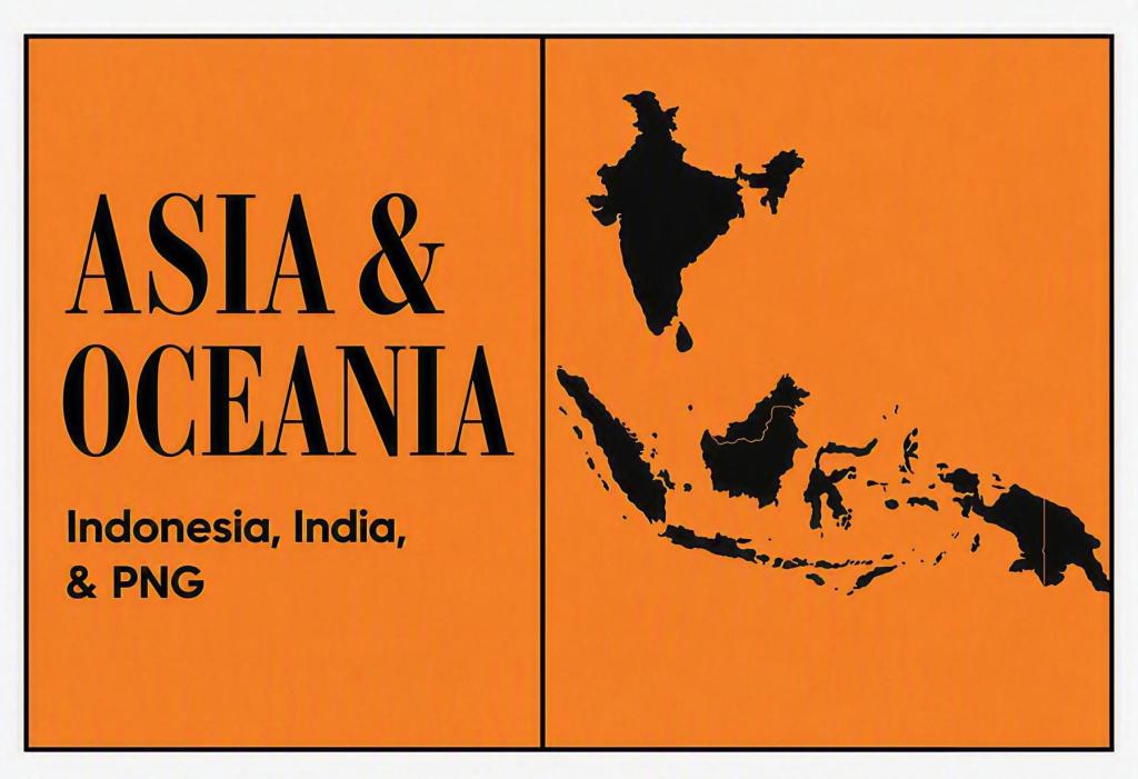 Left panel shows bold black text 'ASIA & OCEANIA' on orange background; bottom lists 'Indonesia, India, & PNG'. Right panel features a black map silhouette of Asia and Oceania on orange.