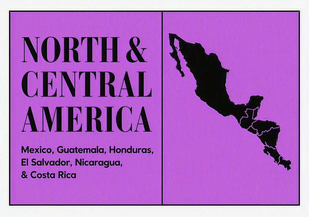 Two-panel poster on purple background: left panel reads 'NORTH & CENTRAL AMERICA' in black lettering, right panel shows a black map silhouette of North and Central America.