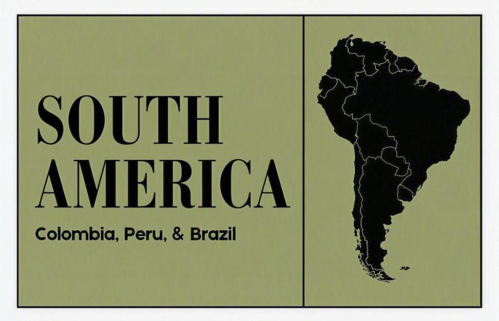 Green title card readinf 'South America, Colombia, Peru, and Brazil' featuring a map of South America with countries outlined
